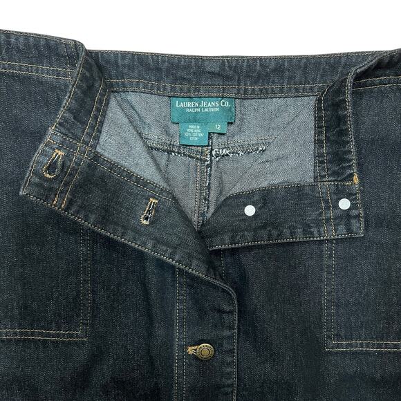 Ralph Lauren Denim Short Skirt Sz 12 Button Front Cargo Pockets Dark Wash A-Line - Picture 12 of 13